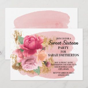 Invitation Fête d'anniversaire Sweet 16 Fleurs roses paillett