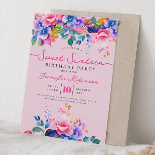 Invitation Fête d'anniversaire Sweet 16 Floral Arc-en-ciel Fé