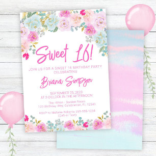 Invitation Fête d'anniversaire Sweet 16 Floral Rose Bleu Pêch