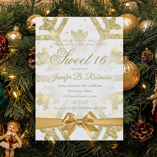 Invitation Fête d'anniversaire Sweet 16 Glitter Bow Or Hiver