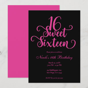 Invitation Fête d'anniversaire Sweet 16 noir et rose chaud 