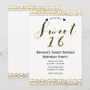 Invitation Fête d'anniversaire Sweet 16 Or Blanc et Chic Noir