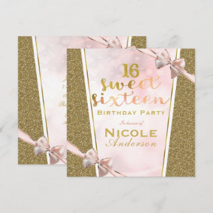 Invitation Fête d'anniversaire Sweet 16 pailletée de rose et