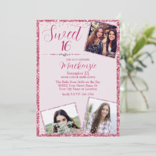 Invitation Fête d'anniversaire Sweet 16 Paillettes roses et P