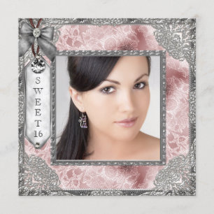 Invitation Fête d'anniversaire Sweet 16 Photo Gris Rose