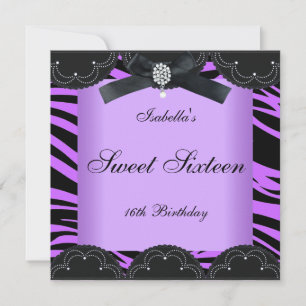 Invitation Fête d'anniversaire Sweet 16 Purple Black Zèbre
