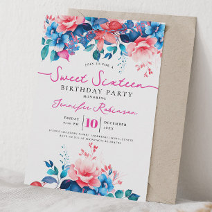 Invitation Fête d'anniversaire Sweet 16 Rose Bleu Féminin Flo