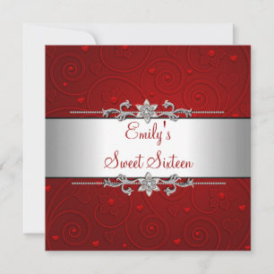 Invitation Fête d'anniversaire Sweet 16 Rouge Argent Floral A