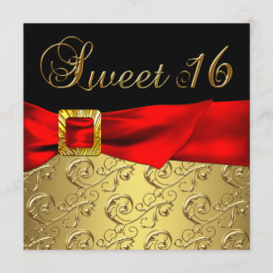 Invitation Fête d'anniversaire Sweet 16 Rouge Noir Or