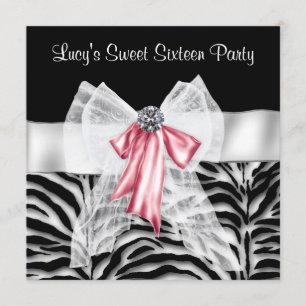 Invitation Fête d'anniversaire Sweet 16 Zèbre Noir Rose