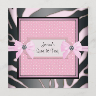 Invitation Fête d'anniversaire Sweet 16 Zèbre Noir Rose