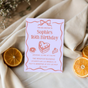 Invitation Fête d'anniversaire Sweet Cake & Bow Pastel Rose 1