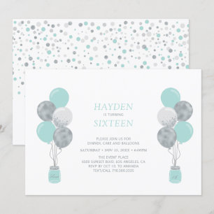 Invitation Fête d'anniversaire Sweet Sixteen Ballon Argent et