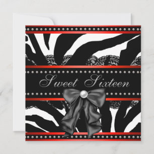 Invitation Fête d'anniversaire Sweet Sixteen Zèbre Rouge