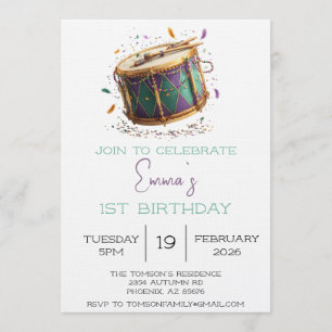 Invitation Fête d'anniversaire tambour de Mardi Gras