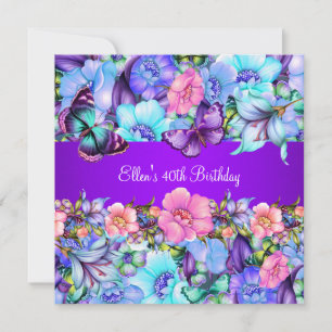 Invitation Fête d'anniversaire Teal violet bleu rose Papillon