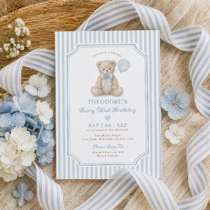 Invitation Fête d'anniversaire Teddy Bear avec une rayure ble