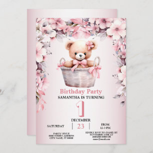 Invitation Fête d'anniversaire Teddy ours bébé fille Fleurs r