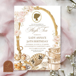 Invitation Fête d'anniversaire thé élégant beige or régence