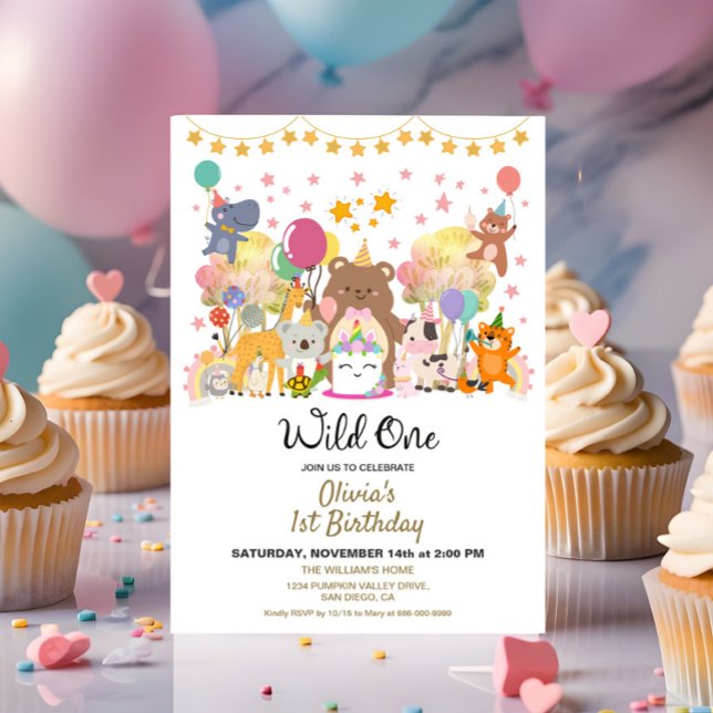 Invitation Fête d'anniversaire thème forêt sauvage  (Woodland Wild One 1st birthday girl party invitation)