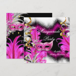 Invitation Fête d'anniversaire Thème Mascarade Rose Noir Blan