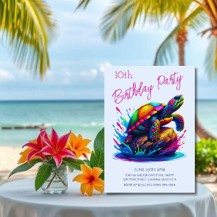 Invitation Fête d'anniversaire - Tortue colorée éclaboussure
