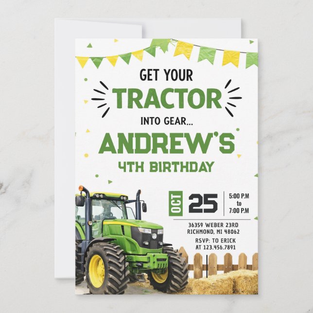 Invitation Fête d'anniversaire tracteur moderne personnel (Devant)