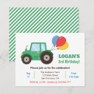 Invitation Fête d'anniversaire tracteur vert et ballons