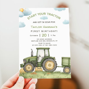 Invitation Fête d'anniversaire tracteur vert moderne 1 an