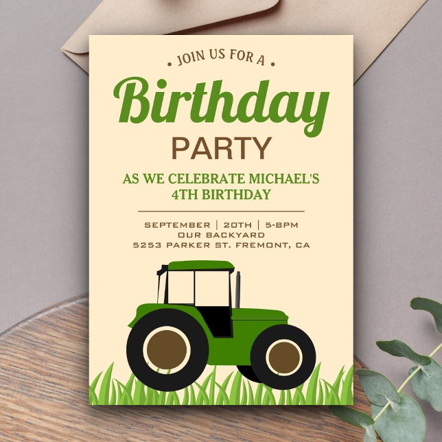 Invitation Fête d'anniversaire tracteur vert moderne pour enf (Créateur téléchargé)
