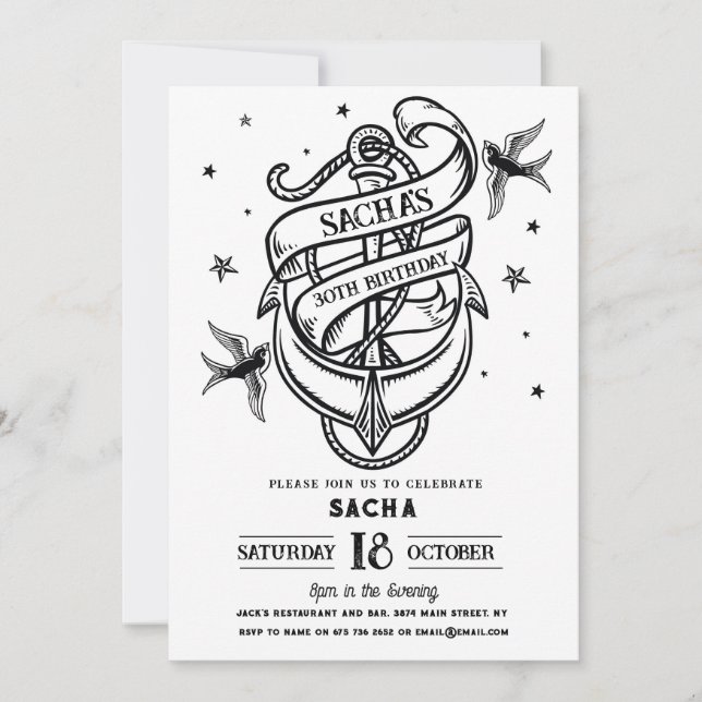 Invitation Fête d'anniversaire traditionnel Ancre de tatouage (Devant)