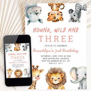 Invitation Fête d'anniversaire Trois Safari Jeune Sauvage Ros