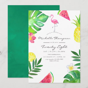 Invitation Fête d'anniversaire tropical Flamant Rose tous âge
