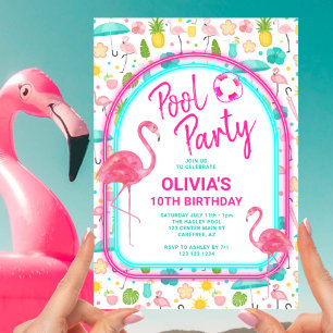 Invitation Fête d'anniversaire Tropical Flamingo Pool Party