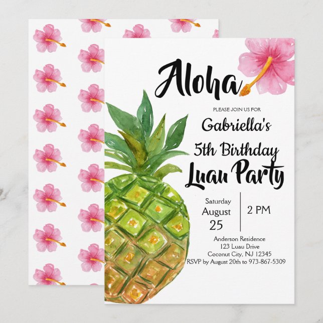 Invitation Fête d'Anniversaire Tropical Luau (Devant / Derrière)