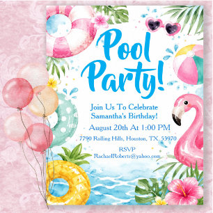 Invitation Fête d'anniversaire tropicale à la piscine aquarel