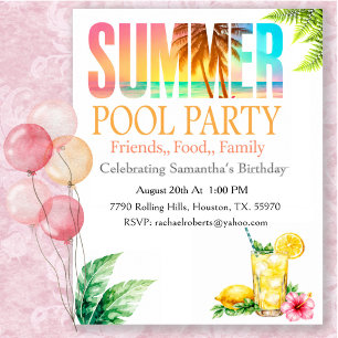 Invitation Fête d'anniversaire tropicale au bord de la piscin