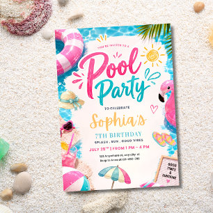 Invitation Fête d'anniversaire tropicale au bord de la piscin