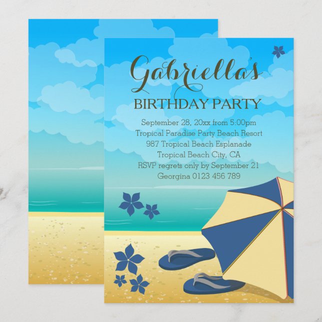 Invitation Fête d'anniversaire tropicale bleue moderne de (Devant / Derrière)