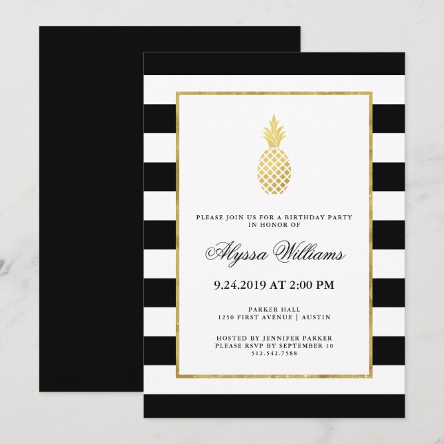 Invitation Fête d'anniversaire tropicale d'ananas d'or rayé (Devant / Derrière)