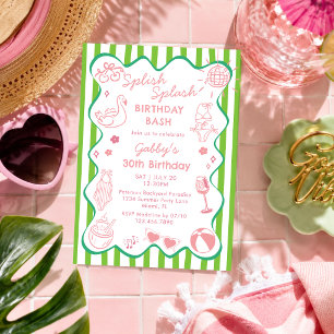 Invitation Fête d'anniversaire tropicale estivale rose et ver