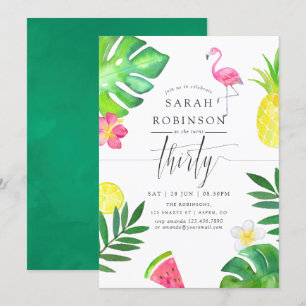 Invitation Fête d'anniversaire tropicale exotique Flamant ros