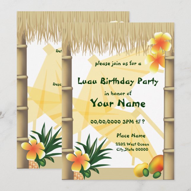 Invitation Fête d'anniversaire tropicale Hawaïenne Tiki Luau (Devant / Derrière)