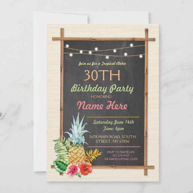 Invitation Fête d'anniversaire tropicale Luau Aloha Tiki Invi (Devant)