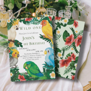 Invitation Fête d'anniversaire Tropicale Perroquets Exotiques