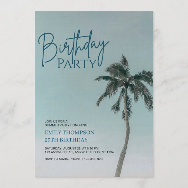 Invitation Fête d'anniversaire tropicale sous les palmiers  (Devant)