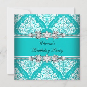 Invitation Fête d'anniversaire Turquoise Bleu Blanc Damas Flo