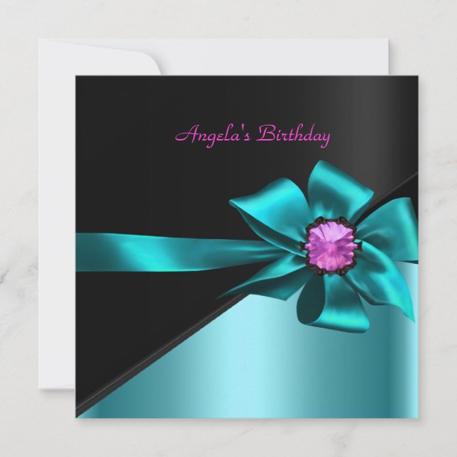 Invitation Fête d'anniversaire Turquoise Bleu noir rose bijou (Devant)