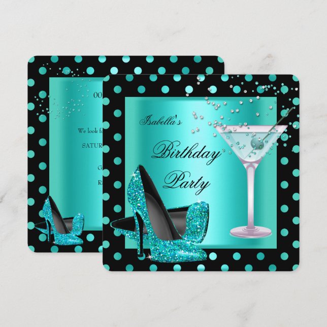 Invitation Fête d'anniversaire Turquoise bleu turquoise noir  (Devant / Derrière)