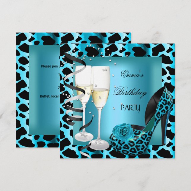 Invitation Fête d'anniversaire Turquoise Blue Leopard Black C (Devant / Derrière)